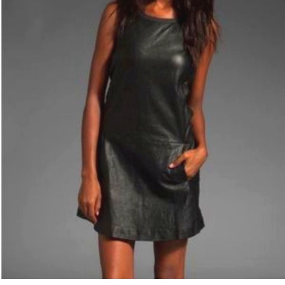THEORY black lambskin leather dress Autumn L Trophy mini sheath Sleeveless sz 4